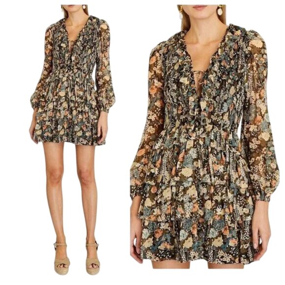 Ulla Johnson Tamara Mini Dress Size 8 Ruffled Floral Silk Lurex DR-1758 - Picture 1 of 15